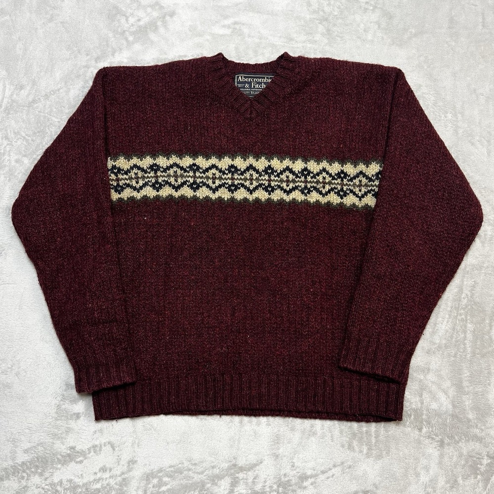 Abercrombie & Fitch Vintage Mens XL Burgundy 100% Wool Fair Isle V-Neck Sweater